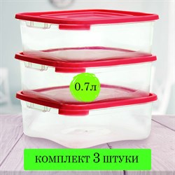 Контейнер пищевой 0,7 л КОМПЛЕКТ 3 шт., ланч-бокс, КАСКАД КВАДРО, 9х14х14 см, прозрачный, 64001, 436400165 101010608209 - фото 10117512