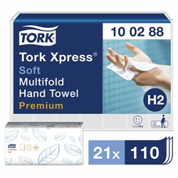 Полотенца бумажные 110 штук, TORK (Система H2) Premium, КОМПЛЕКТ 21 штука, 2-слойные, белые, 21х34, Interfold, 100288 101010124550 - фото 10695495