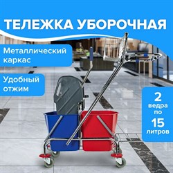 Тележка уборочная BRABIX, 2-съемных ведра по 15 л, отжим, корзина, держатель для мусорного мешка с поддерживающей платформой, 601500 101010601500 - фото 10703329