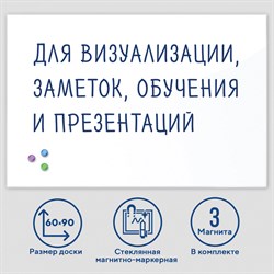 Доска магнитно-маркерная стеклянная 60х90 см, 3 магнита, БЕЛАЯ, BRAUBERG, 236747 101010236747 - фото 11359839