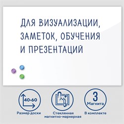 Доска магнитно-маркерная стеклянная 40х60 см, 3 магнита, БЕЛАЯ, BRAUBERG, 236744 101010236744 - фото 11359850