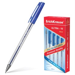 Ручка шариковая масляная ERICH KRAUSE "Ultra-10", СИНЯЯ, корпус прозрачный, узел 0,7 мм, линия письма 0,26 мм, 13873 - фото 11433568