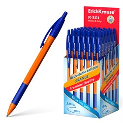 Ручка шариковая автоматическая с грипом ERICH KRAUSE "R-301 Orange", СИНЯЯ, 1,0 мм, линия письма 0,5 мм, 46762 - фото 11434265
