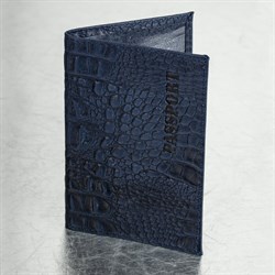 Обложка для паспорта натуральная кожа кайман, "PASSPORT", темно-синяя, BRAUBERG, 237196 - фото 11449357