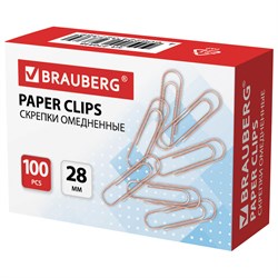 Скрепки BRAUBERG, 28 мм, омедненные, 100 шт., в картонной коробке, 270448 101010270448 - фото 11460938