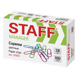 Скрепки STAFF "Manager", 28 мм, цветные, 100 шт., в картонной коробке, 226821 101010226821 - фото 11461105