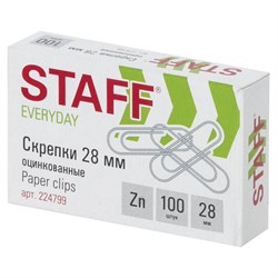 Скрепки STAFF "EVERYDAY", 28 мм, оцинкованные, 100 шт., в картонной коробке, Россия, 224799 101010224799 - фото 11461112