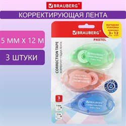 Корректирующая лента BRAUBERG PASTEL, 5 мм x 12 м, механизм перемотки, ВЫГОДНАЯ УПАКОВКА 3 штуки в блистере, 271252 101010271252 - фото 11467067