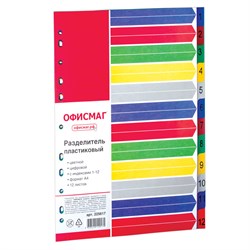 Разделитель пластиковый ОФИСМАГ, А4, 12 листов, цифровой 1-12, оглавление, цветной, РОССИЯ, 225617 101010225617 - фото 11479724