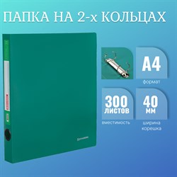 Папка на 2 кольцах BRAUBERG "Стандарт", 40 мм, зеленая, до 300 листов, 0,9 мм, 270481 101010270481 - фото 11481256