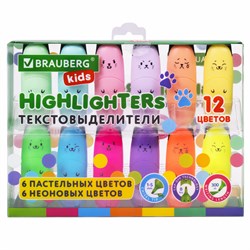 Набор текстовыделителей мини 12 ЦВЕТОВ BRAUBERG KIDS "CUTE CATS", линия 1-5 мм, 152437 - фото 11563215