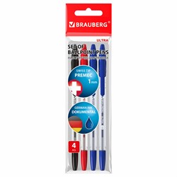 Ручки шариковые BRAUBERG "ULTRA", НАБОР 4 штуки (2 синих, 1 черная, 1 красная), узел 1 мм, 143569 - фото 11569445