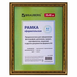 Рамка 30х40 см, пластик, багет 30 мм, BRAUBERG "HIT4", золото, стекло, 391008 101010391008 - фото 9980115