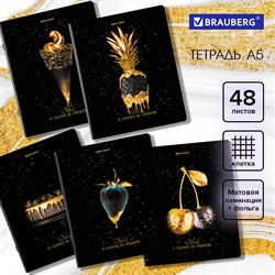 Тетрадь А5, 48 л., BRAUBERG, скоба, клетка, матовая ламинация, фольга, "Black&Gold" (микс в спайке), 404370 - фото 9993826