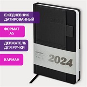 Ежедневник датированный 2024 А5 138х213 мм BRAUBERG "Pocket", под кожу, карман, держатель для ручки, черный, 114988 101010114988