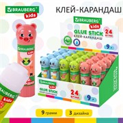 Клей-карандаш "Зверята: кошка, мышка, хрюшка", 9 г, фигурный колпачок, BRAUBERG KIDS, 271138 101010271138