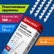 Пружины пластиковые для переплета, КОМПЛЕКТ 100 шт., 12 мм (для сшивания 56-80 л.), белые, BRAUBERG, 530913 101010530913