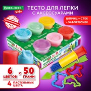 Пластилин-тесто для лепки BRAUBERG KIDS, 6 цветов, 300, 10 формочек, шприц, стек, крышки-штампики, 106719