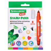 Фломастеры-штампы двусторонние "FUNNY STAMPS", 8 цветов, BRAUBERG KIDS, картонная коробка с европодвесом, 152179 101010152179