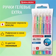 Ручки гелевые НЕОН BRAUBERG "EXTRA", НАБОР 6 ЦВЕТОВ, узел 0,7 мм, линия 0,35 мм, 143911 101010143911