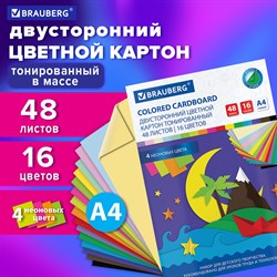 Картон цветной А4 ТОНИРОВАННЫЙ В МАССЕ, 48 листов 16 цветов (+ неон), склейка, 180 г/м2, BRAUBERG, 113507 101010113507 - фото 10001347