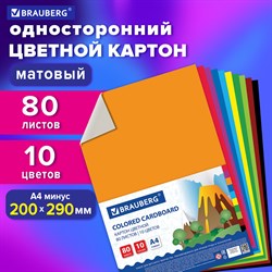 Картон цветной А4 немелованный, 80 листов, 10 цветов, в пленке, BRAUBERG, 200х290 мм, 113560 101010113560 - фото 10001961