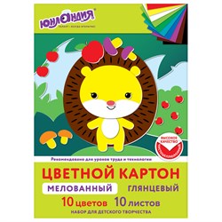 Картон цветной А4 МЕЛОВАННЫЙ, 10 листов, 10 цветов, в папке, ЮНЛАНДИЯ, 200х290 мм, 113548 101010113548 - фото 10002255