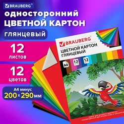 Картон цветной А4 МЕЛОВАННЫЙ (глянцевый), 12 листов 12 цветов, в папке, BRAUBERG, 200х290 мм, "Килиманджаро", 129917 101010129917 - фото 10002293