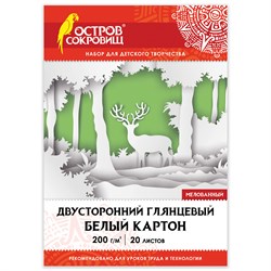 Картон белый А4 МЕЛОВАННЫЙ (белый оборот), 20 листов, в папке, ОСТРОВ СОКРОВИЩ, 200х290 мм, 111313 101010111313 - фото 10002342