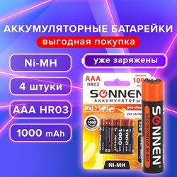 Батарейки аккумуляторные Ni-Mh мизинчиковые КОМПЛЕКТ 4 шт., AAA (HR03) 1000 mAh, SONNEN, 455610 - фото 10123507