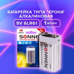 Батарейка SONNEN Alkaline, Крона (6LR61, 6LF22, 1604A), алкалиновая, 1 шт., блистер, 451092 - фото 10123812