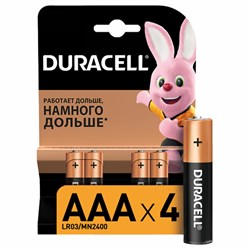 Батарейки КОМПЛЕКТ 4 шт., DURACELL Basic, AAA (LR03, 24А), алкалиновые, мизинчиковые, блистер, MN 2400 AAA LR3 - фото 10124050