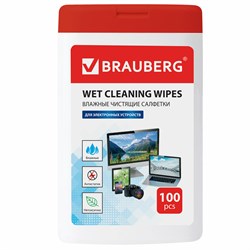 Салфетки для электронных устройств универсальные BRAUBERG, компактная туба 100 шт., влажные, 512810 - фото 11479413