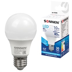Лампа светодиодная SONNEN, 10 (85) Вт, цоколь Е27, груша, нейтральный белый свет, 30000 ч, LED A60-10W-4000-E27, 453696 - фото 11534930