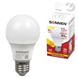 Лампа светодиодная SONNEN, 10 (85) Вт, цоколь Е27, груша, теплый белый свет, 30000 ч, LED A60-10W-2700-E27, 453695 - фото 11534952
