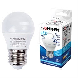 Лампа светодиодная SONNEN, 5 (40) Вт, цоколь E27, шар, нейтральный белый свет, 30000 ч, LED G45-5W-4000-E27, 453700 - фото 11534991