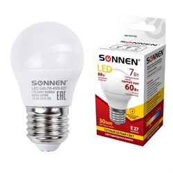 Лампа светодиодная SONNEN, 7 (60) Вт, цоколь E27, шар, теплый белый свет, 30000 ч, LED G45-7W-2700-E27, 453703 - фото 11534995