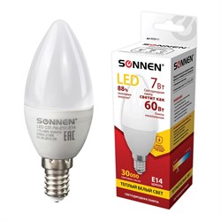 Лампа светодиодная SONNEN, 7 (60) Вт, цоколь Е14, свеча, теплый белый свет, 30000 ч, LED C37-7W-2700-E14, 453711 - фото 11535018