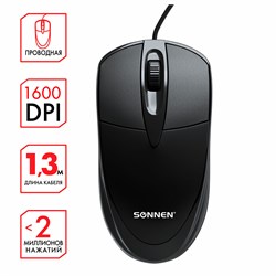 Мышь проводная SONNEN B61, USB, 1600 dpi, 2 кнопки + колесо-кнопка, оптическая, черная, 513513 - фото 11580816