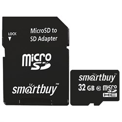 Карта памяти micro SDHC, 32 GB, SMARTBUY, 10 Мб/сек. (class 10), с адаптером, SB32GBSDCL10-01 - фото 11581996