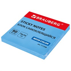 Блок самоклеящийся (стикеры) BRAUBERG НЕОНОВЫЙ 76х76 мм, 90 листов, голубой, 111348 - фото 9976804