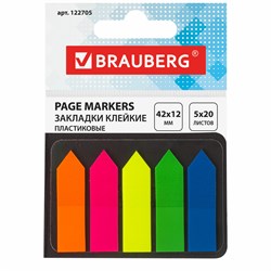 Закладки клейкие неоновые BRAUBERG, 42х12 мм, 100 штук (5 цветов х 20 листов), в картонной книжке, 122705 - фото 9977029