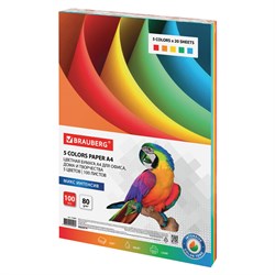 Бумага цветная BRAUBERG, А4, 80 г/м2, 100 л., (5 цветов х 20 л.), интенсив, для офисной техники, 112461 - фото 9977975