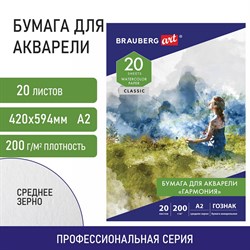 Папка для акварели БОЛЬШАЯ А2, 20 л., "ГАРМОНИЯ", зерно, 200 г/м2, ГОЗНАК, BRAUBERG ART CLASSIC, 113211 - фото 9984316