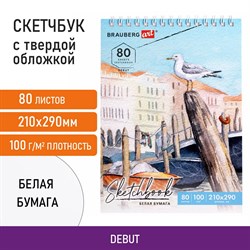 Скетчбук, белая бумага 100 г/м2, 210х290 мм, 80 л., гребень, твердая обложка, BRAUBERG ART DEBUT, 112987 - фото 9984933