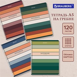 Тетрадь А5 120 л. BRAUBERG, гребень, клетка, обложка картон, "Classic" (микс в спайке), 404446 101010404446 - фото 9996241