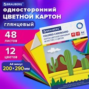 Картон цветной А4 МЕЛОВАННЫЙ, 48 листов, 12 цветов, склейка, BRAUBERG, 200х290 мм, 113552 101010113552