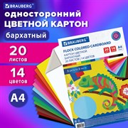 Картон цветной А4 БАРХАТНЫЙ, 20 листов 14 цветов, 180 г/м2, BRAUBERG, 113505 101010113505