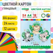 Картон цветной А4 МЕЛОВАННЫЙ, 24 листа,12 цветов, в папке, BRAUBERG KIDS, 203х283 мм, "Джунгли", 115158 101010115158