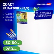 Холст на картоне (МДФ), 50х60 см, 280 г/м2, грунтованный, 100% хлопок, BRAUBERG ART CLASSIC, 192190